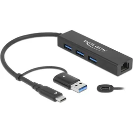 DeLock 3 Port USB 3.2 Gen 1 Hub (USB-C, 3 Ports), Dockingstation + Gigabit LAN USB 3.0) Schwarz