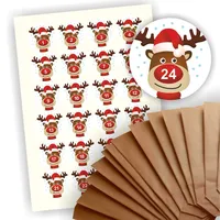 Play-Too Adventskalender zum Befüllen 24 braune Geschenktüten Kraftpapiertüten + 24 weihnachtliche Aufkleber Papiertüte DIY Rentier Rudi Rudolph Rudolf