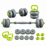 Tekoo Hantel-Set 20 kg verstellbar 5-in-1 mit Kettlebell und Langhantel, (Set, 5-in-1 Set), 5-in-1, 20 kg, PVC-Ummantelung, rutschfeste Griffe grau|grün