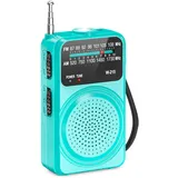 Kleines Tragbares Radio, FM/AM Empfang, Integrierte LED Taschenlampe, batteriebetrieben, kompakt & einfach zu bedienen für Haushalt & Outdoor-Türkis