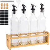 Relaxdays Öl Flasche 4er Set 500 ml mit Bambusregal Schwarz/Transparent