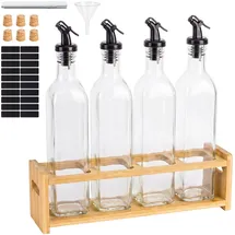Relaxdays Öl Flasche 4er Set 500 ml mit Bambusregal Schwarz/Transparent