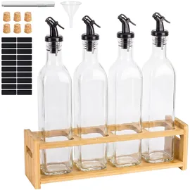Relaxdays Öl Flasche 4er Set 500 ml mit Bambusregal Schwarz/Transparent