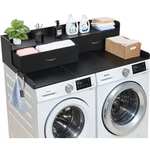 Vevor Arbeitsplatte für Waschmaschine & Trockner (137 x 69,9 cm) mit Ablage & 2 Schubladen & Haken, für Wäscheschrank Speisekammer Küchentheke, 113 kg Belastbar, Schwarz, Ablagefläche für Waschmittel