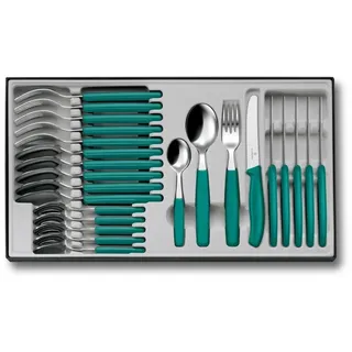 Victorinox Classic Besteck-Set, mit Tafelmesser, Gabel, Löffel, 24-teilig, Extra Scharfe Klinge, Wellenschliff, 11 cm, Rostfreier Stahl, Grün
