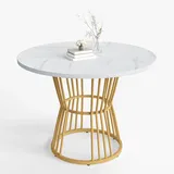 OKWISH Esstisch rund 100x100x75 cm Weiß mit Marmormuster MDF Tischplatte Metallgestell stabil modern für Esszimmer Küche Büro