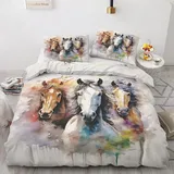 zcwl Pferd Bettwäsche 200x200, Aquarelltier Bettbezug Set 3 teilig, Weiche Kuschelige Mikrofaser Bettwäsche-Sets, Wendebettwäsche und 2 Kissenbezug 80x80 mit Reißverschluss
