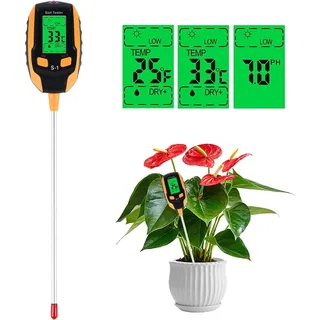 Bodenmessgerät, pH-Messgerät, 4-in-1 Digitales Pflanzenbodenfeuchtigkeitsmessgerät, mit pH/Temperatur/Feuchtigkeit/Licht für Gartenarbeit, Rasen, Landwirtschaft Outdoor Zimmerpflanzen