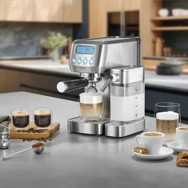 CASO Design Espresso Gourmet Latte Siebträgermaschine silber mit integriertem Milchbehälter
