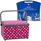 SEMPLIX Nähkorb Größe L gefüllt (30x22x19cm) - kompatibel mit Prym NähzubehörSet/Nähsortiment (im Lieferumfang enthalten) - Polka Dots Beere-rosa