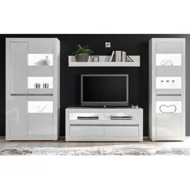 furn.design Wohnwand, Weiß, Weiß Hochglanz, Grau, Holzwerkstoff, Nachbildung, Uni, 7 Fächer, 2 Schubladen, 336x198x42 cm, Wohnzimmer, Wohnwände, Wohnwand-Sets