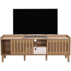TV-Rack MCW-M48, Lowboard TV-Schrank, Schiebetür 56x150x40cm ~ natur, Schublade weiß