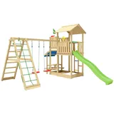 Jungle Gym Spielturm JUNGLE GYM "Veranda", grün (hellgrün), Spieltürme, KinderB:454cm H:310cm T:437cm, Holz, Spielanlage mit Schaukel, Kletterbock und Rutsche mit Wasseranschluss, B:454cm H:310cm T:437cm