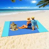 OUGEP Stranddecke Sandfrei, Picknickdecke Wasserdicht Überdimensioniert 210 x 200 cm Strandtuch Strandmatte 4 Befestigung Ecken für den Strand, Wandern, Campen und Outdoor (Blau)