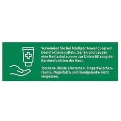 Schild "Hände eincremen nach Desinfektion", Folie 150 x 50 mm, einfarbig grün