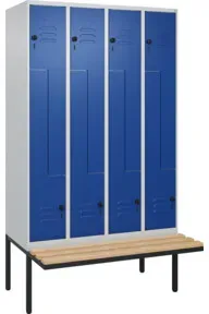 C+P Z-Spind Classic PLUS, Bank, 8 Fächer, 2120x1200x815mm, 7035/5010 Verschluss Sicherheits-Drehriegel Sitzbanktyp auskragend Material Sitzfläche Buche-Hartholz