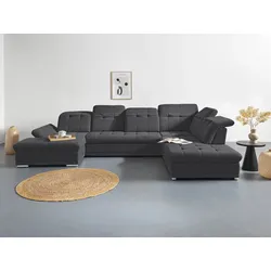 Wohnlandschaft COTTA "Holiday U-Form mit Sitztiefen-, Armteil- und Kopfteilverstellung", schwarz, B:386cm H:86cm T:265cm, 100% Polyester, Sofas, wahlweise mit Bettfunktion & Bettkasten