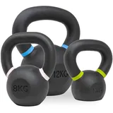Strength Shop Kettlebell Set (4kg+8kg+12kg) Gusseisen mit ergonomischem Griff, Extrem robuste Kugelhantel mit Gewichts-Farbmarkierung & Schwarzpulver-Beschichtung, ideal für Ganzkörpertraining