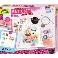 Lena 42706 Bastelset Batik Crazy & Lazy, DIY Rucksack, Komplettset mit Leinenrucksack 27 x 31 cm, 4 Konfetti-Batikfarben, 3 Textilstifte, Bügelfolien, Button Pins und Armband für Kinder, Mittel