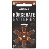 ABSINA Hörgerätebatterien 312 6 Stück mit gut greifbarer Schutzfolie - Batterien für Hörgeräte 312 Zink Luft mit 1,45V - Typ 312 Hörgeräte Batterie Braun - PR41 ZL3 P312 Hörgerätebatterien