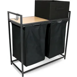 holz4home holz4home® Wäschekorb 2 Fächer 92 Liter ausziehbar mit Aufbewahrungsbox schwarz/Sonoma-Dekor braun
