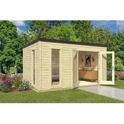 Gartenhaus NORDIC HOLZ "Palermo 4", beige (naturbelassen), Fußboden im Gartenhaus, Massivholzdach, Holz, Gartenhäuser, mit großen Glasflächen