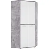 Forte CANMORE Eckschrank 90 200, Eckkleiderschrank, Kinderzimmerschrank, Jugendzimmer 2-türig mit Einlegeböden und Kleiderstange, Weiß / Betonoptik LichtGrau, 92 cm breit x 201.5 cm hoch x 92 cm tief