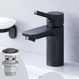 AM.PM Badarmatur mit Pop-Up Ablaufventil für Waschbecken Wasserhahn Bad Schwarz Waschtischarmatur mit Ablaufgarnitur 1 1/4 Zoll Messing Ventil Ablauf