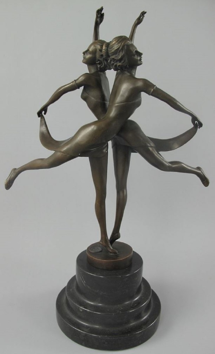 Casa Padrino Luxus Jugendstil Bronze Skulptur Tänzerinnen mit Marmorsockel Bronzefarben / Schwarz 24 x 13 x H. 36 cm - Bronzefigur - Dekofigur - Deko Accessoires