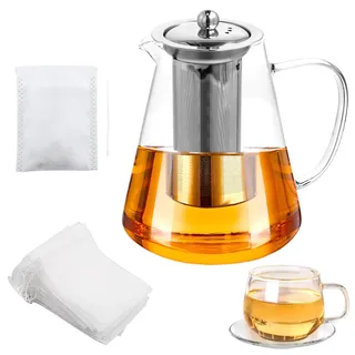 Azonelife 1300ml Teekanne aus Glas mit Siebeinsatz, Borosilikatglas Teeservice mit Edelstahl Siebeinsatz und Deckel+ 50 Teefilterbeutel, Glaskanne für Schwarzen Grüner Tee Fruchttee Duftender Tee