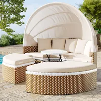 KUAKE Rattan Sonneninsel mit faltbarem Sonnendach, Polyrattan Lounge Set inkl. Kissens & höhenverstellbarem Couchtisch, Outdoor Sonnenliege Gartenliege, für Garten Terrasse Veranda