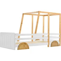Autobett, Kinderbett mit MDF-Rädern, Rahmen aus Kiefer, weiß + natur (90x200cm)