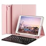 JKSML Hülle mit Tastatur für iPad 9./8./ 7. Generation, Abnehmbarer Kabellose QWERTZ Tastatur Hülle mit Stifthalter für iPad 10,2 Zoll (2021/2020/2019), Rosa