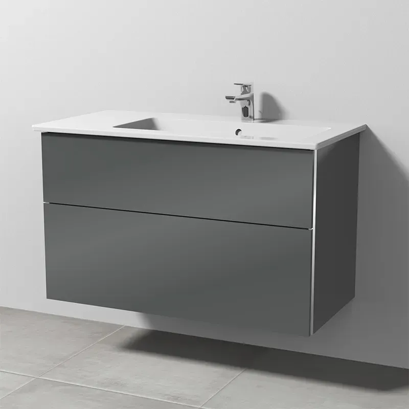 Sanipa 3way Keramik-Set Venticello Keramik-Waschtisch und Unterbau mit 2 Auszügen, Anthrazit-Glanz BS32679