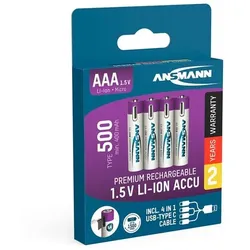 Ansmann 4x USB-Akkus mit Ladekabel »500« Micro AAA 400 mAh