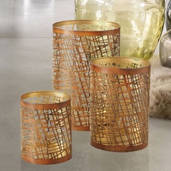 Kerzenleuchter Windlicht Kerzenständer Wohnzimmer Tisch Deko Innen in goldfarben, Eisen pulverbeschichtet, DxH 10-15 - 12-22 cm, 3er Set