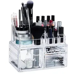 Relaxdays Make-Up Organizer, 3 Schubladen, Schmink-Aufbewahrung f. Nagellack, Lippenstift, Acryl Organizer, transparent