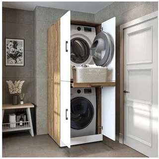 roomart Waschmaschinenschrank Dora für Trockner & Waschmaschine, in 4 Farben, mit Türen & Ausziehbrett (Weiß Eiche)