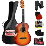 Pyle Audio Pyle 3/4 Konzertgitarre für Kinder & Anfänger – Junior Gitarren-Set, 91 cm, Nylonsaiten, inkl. Tasche, Gurt, Plektren, Ersatzsaiten & Reinigungstuch, Cherry Burst