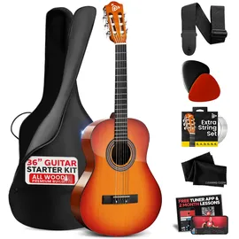 Pyle Audio Pyle 3/4 Konzertgitarre für Kinder & Anfänger – Junior Gitarren-Set, 91 cm, Nylonsaiten, inkl. Tasche, Gurt, Plektren, Ersatzsaiten & Reinigungstuch, Cherry Burst