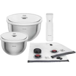 Aufbewahrungssystem ZWILLING "Fresh & Save BOWLS", bunt (silberfarben, weiß), Edelstahl, Lebensmittelaufbewahrungsbehälter, Vakuum Starter Set, Edelstahl / M/L, 9-tlg.
