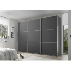 Schwebetürenschrank STAUD "Includo, kurze Lieferzeit: "Premium Variante in Weiß in 249cm Breite"", grau (dekor vulkan), B:298cm H:222cm T:68cm, Holzwerkstoff, Schränke