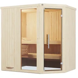 Weka Elementsauna Varberg 1 Trend mit Eckeinstieg & weiß lasierten Fronten - 68 mm Ganzglastür u. Fensterelement(e) Ohne Ofen