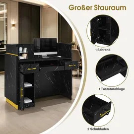 Barberpub Empfangstheke mit 3 Schubladen & 1 Schrank, Empfangstisch mit Beleuchtung, Abschließbar, Rezeptionstheke Kassentheke,R9759 (schwarz-gold)