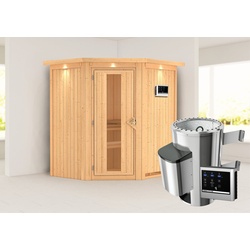KARIBU Sauna Tonja mit Zierkranz und Beleuchtung am Dach Ofen 3,6 kW externe Strg.easy