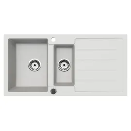 faizee home Granitspüle 2 Becken rechts Einbauspüle weiß Handbetätigung 1000 x 500 mm