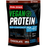 Body Attack Vegan Duo-Component Protein,1000g, Chocolate, veganes Protein aus zwei Quellen/33 Portionen, umweltfreundlicher Zip-Lock Beutel, 9.060mg EAAs & 4.650mg BCAAs, zuckerfrei, Made in Germany