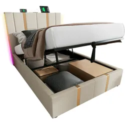 Merax Polsterbett USB Type C Ladefunktion APP-Control LED Einzelbett 90×200 Stauraumbetten Bettgestell, Lattenrost aus Holz, Beige Leinen