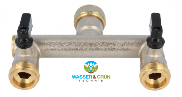 Messing 2 Fach-Verteiler 3/4", 2 x 3/4" AG mit Absperrung/Kugelhahn x 3/4"IG Überwurf, 2 Wege Verteiler mit Absperrhähnen + PE Rohr Kupplung 25/32mm (Wasserverteiler Messing 2 fach: Messing 2 Fach-Verteiler 1" AG/AG Eingang 1"IG Üb. )