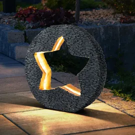 GLOBO Solarleuchte Gartendeko für Außen Tischdeko Solarleuchte goldfarben Stein-Stern Optik, grau rund, LED warmweiß, LxH 31x29,5 cm, 2er Set